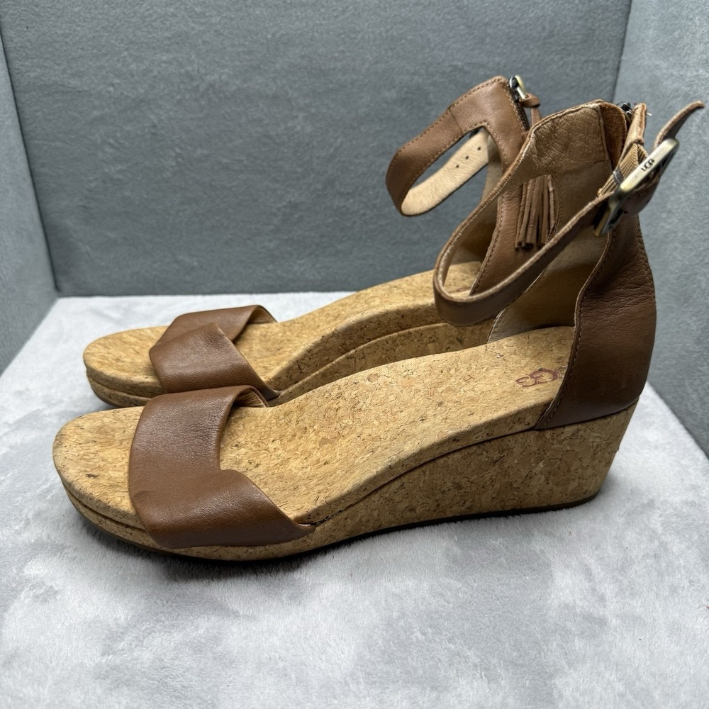 UGG Zoe Women's 10 Chestnut Leather Cork Wedge Sandals Ankle Strap Tassel